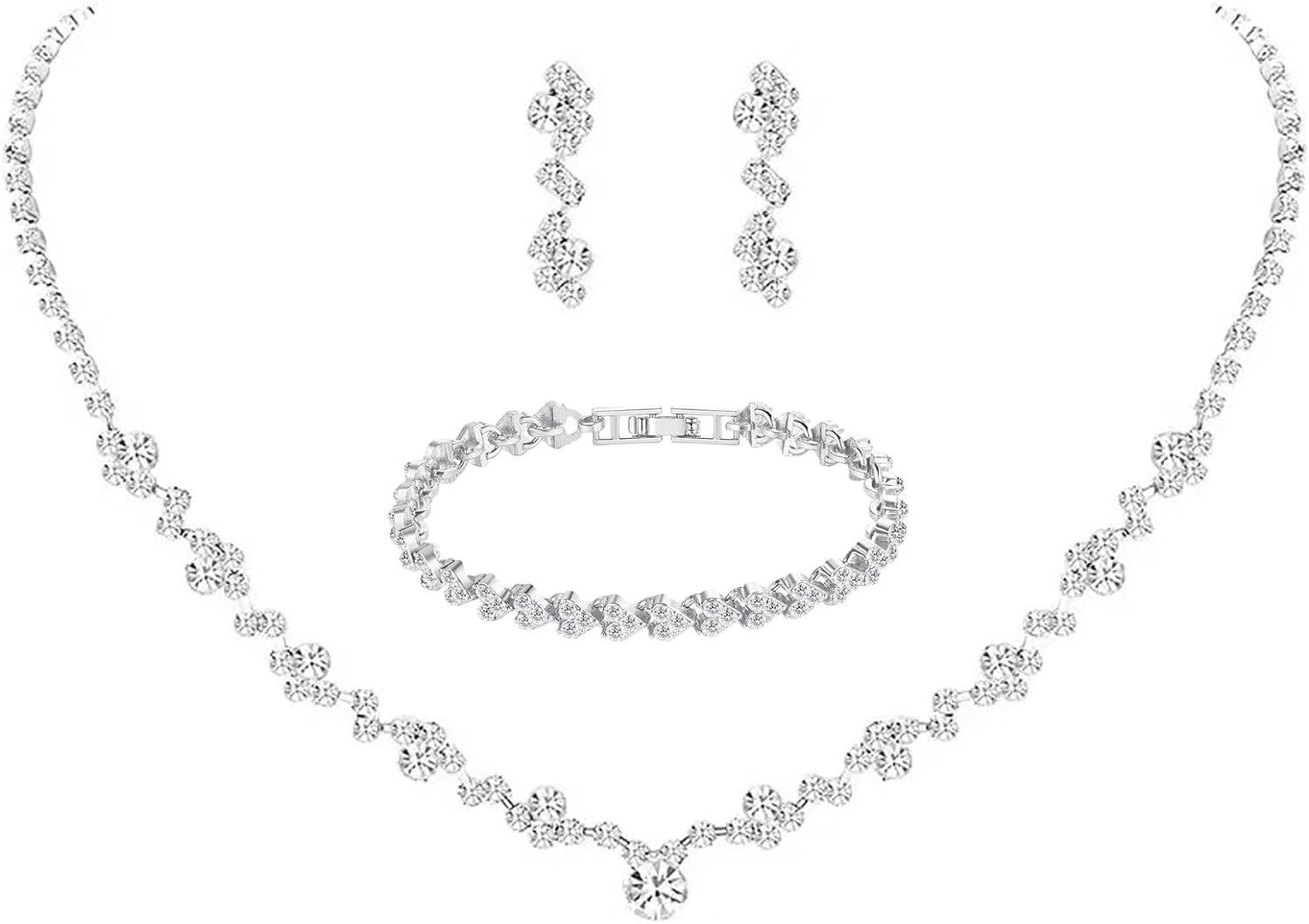 Crystal Wedding Jewelry Set, Silver Necklace Earrings Bracelet Crystal Bridal Wedding Jewelry Sets for Brides Bridesmaid Prom Costume Accessories