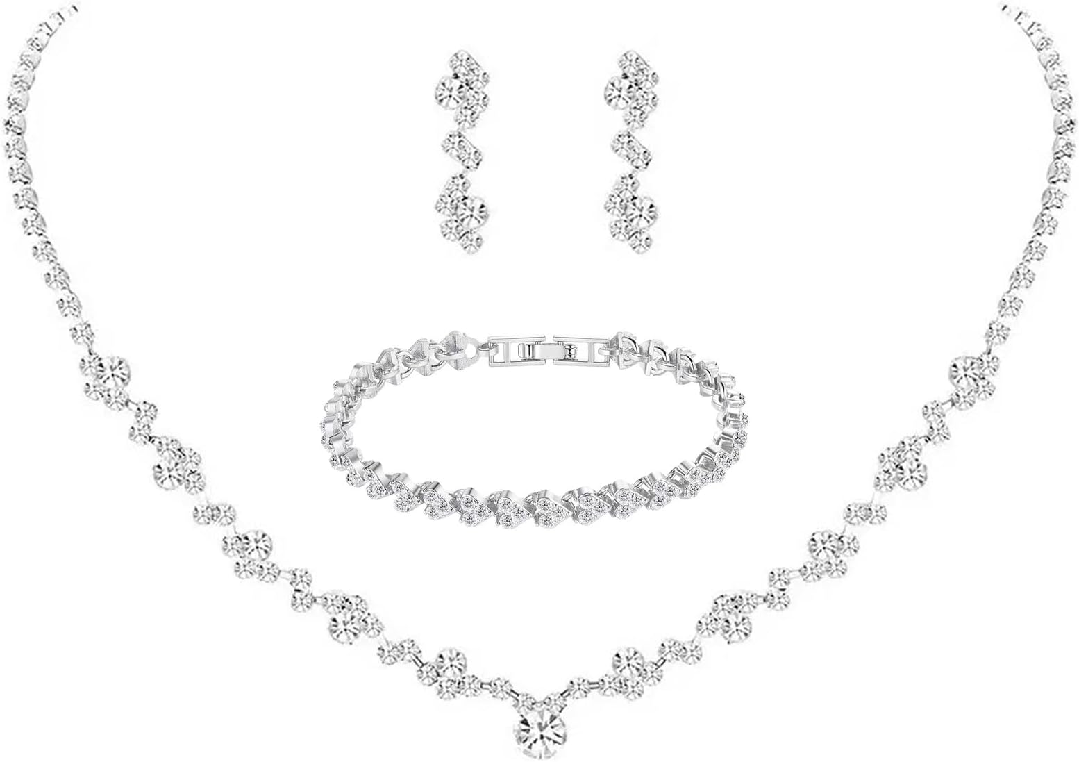 Crystal Wedding Jewelry Set, Silver Necklace Earrings Bracelet Crystal Bridal Wedding Jewelry Sets for Brides Bridesmaid Prom Costume Accessories