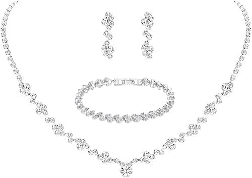 Crystal Wedding Jewelry Set, Silver Necklace Earrings Bracelet Crystal Bridal