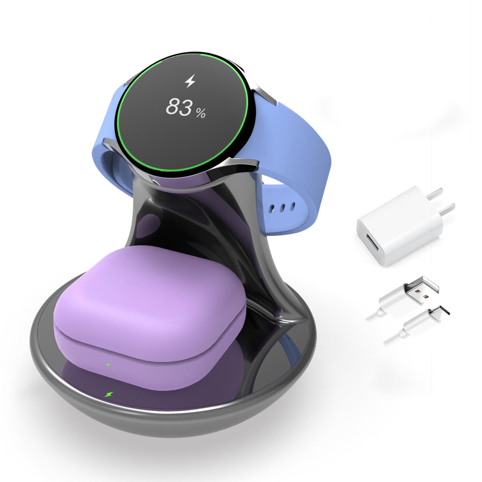 iMorde - Cargador para Samsung Galaxy Watch Ultra 7 6 5 4 3 Pro Classic,2 en 1 inalámbrico rápido para Samsung Watch Charger,para Samsung Galaxy 3/2/Buds+/Buds 2 Pro, soporte para reloj con cable de
