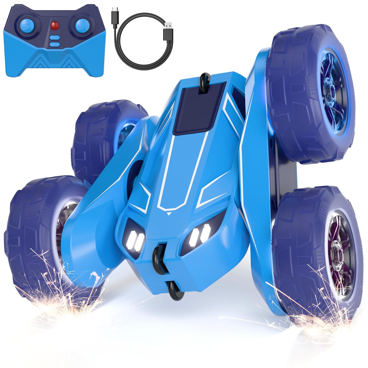 2.4G Direct Charge RC Stunt Car with 360 Spins, LED Lights, Anti-Flip Design & Smart Direction Remote Control Cars, Durable Kid Toy for Boys Girls Ages 3-12 for Indoor/Outdoor Play!