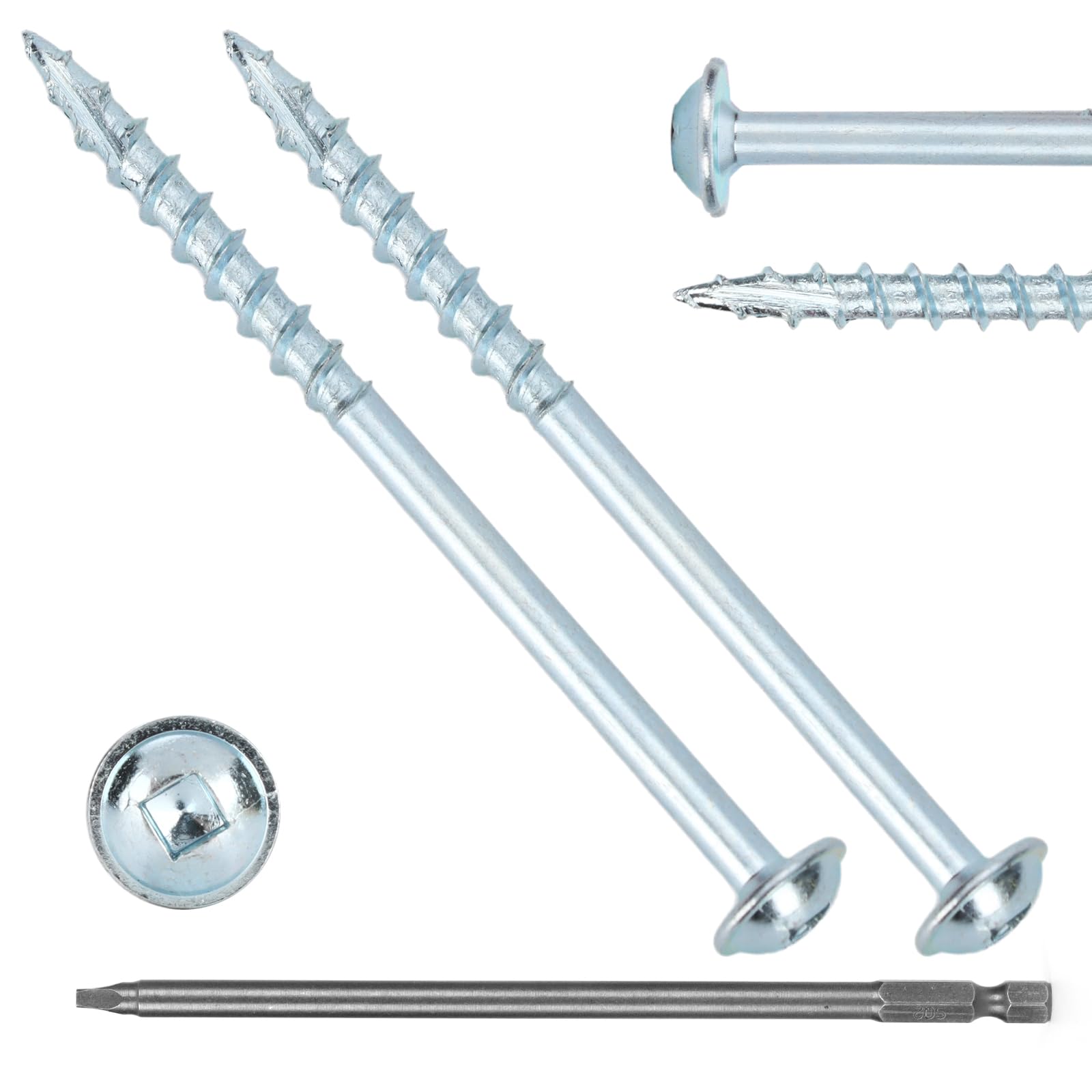 Bobibbi Pocket Hole Screws #8x2-1/2 Zinc, Coarse Thread Wood Screws 100Pcs, Washer Head with Square Drive, 150MM Drive Bit Included