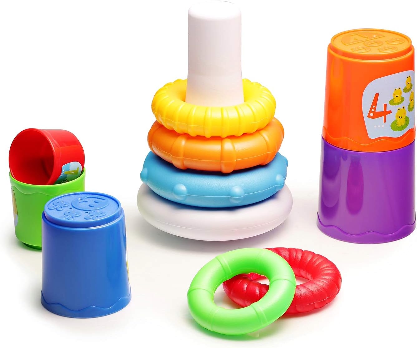 infunbebe Stacking Toys 2 in 1 Stacking Cups and Stacking Ring for Toddlers, Educational Stacker Toys for Baby from 6 Months, Multicolor