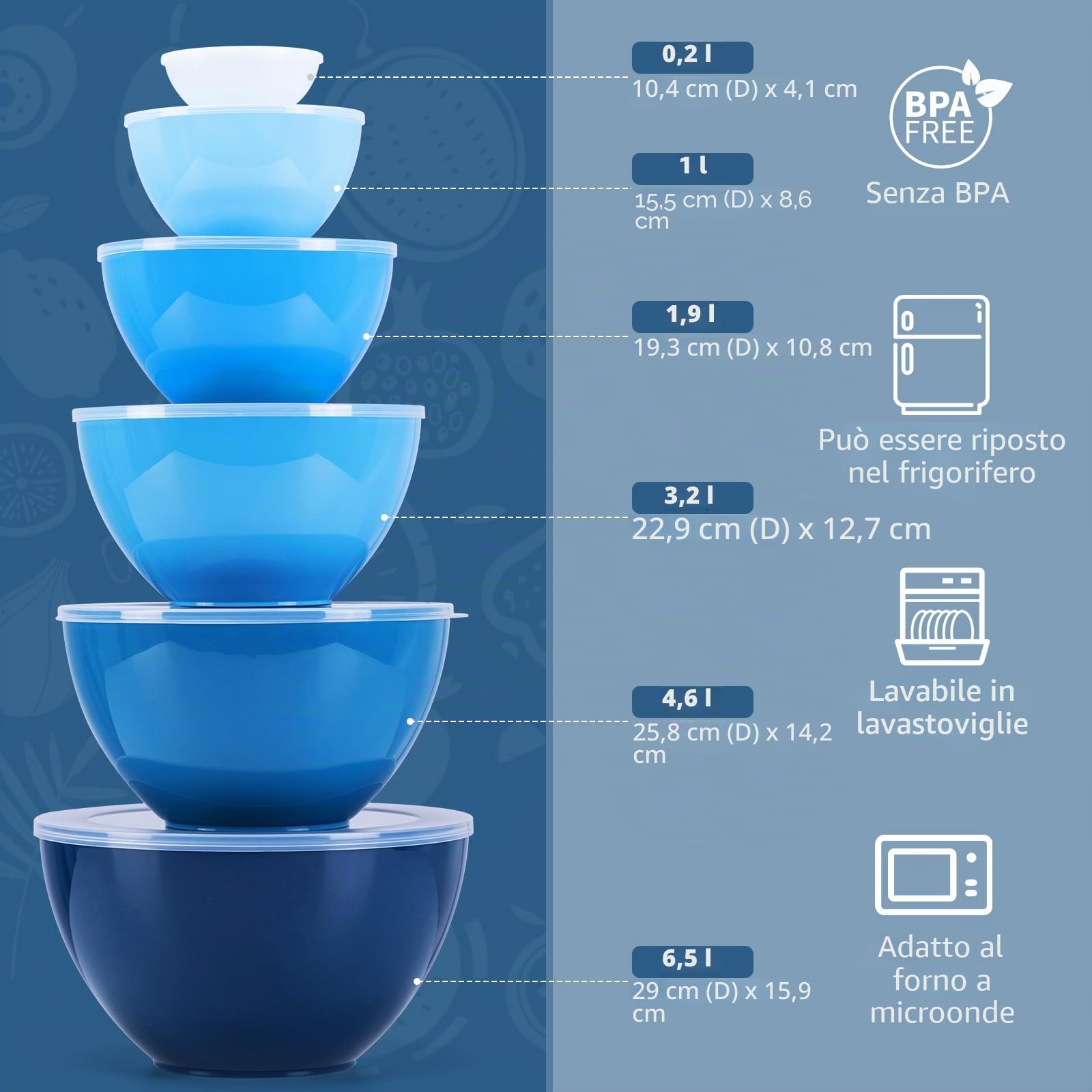 Luxear Grandi Ciotole Plastica Impilabili con Coperchio 0.2-6.5L, Bowl Mescolare per Cucinare, Conservare, Cuocere al Forno, Frutta, Insalate, Microonde, Lavastoviglie, Congelatore, Set da 6
