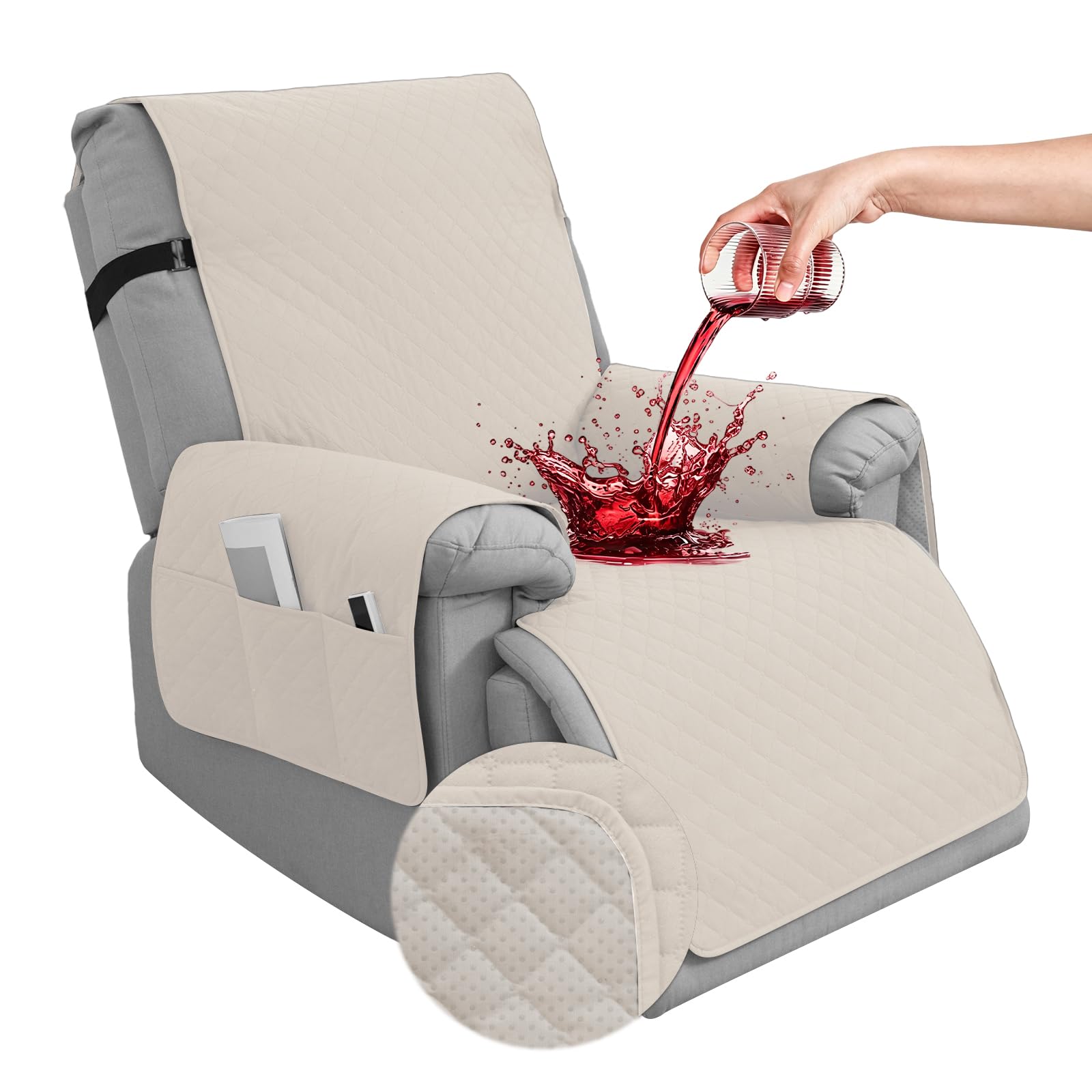 Hiiksolo Waterproof Recliner Chair Cover, Non-Slip Recliner Covers with Side Pockets, Washable Furniture Protector for Reclining Chair, Soft Velvet Slipcover for Pets Kids 1 Seater 23.6" Ivory White