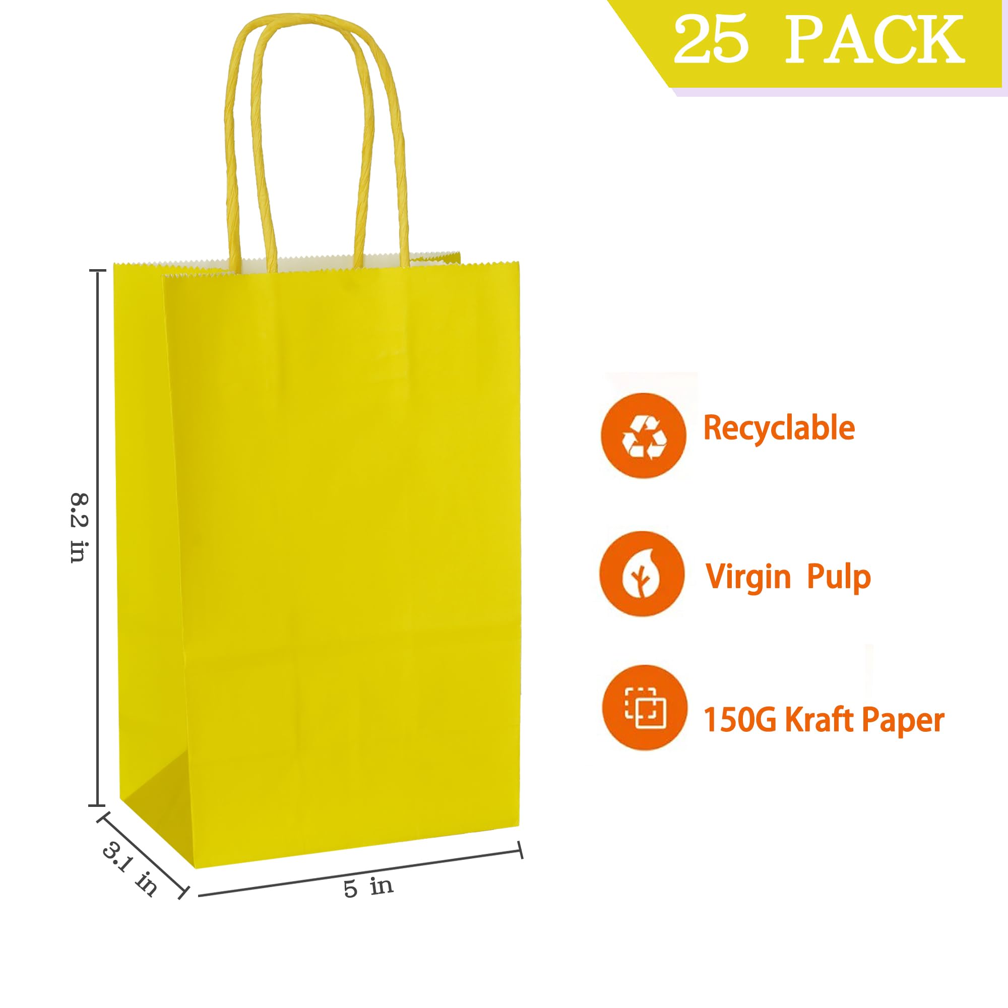 AZOWA Yellow Gift Bags Small Kraft Paper Bag with Handles (21 x 13 x 8 CM, Yellow, 25 Pcs), S (Pack of 25) - Image 2