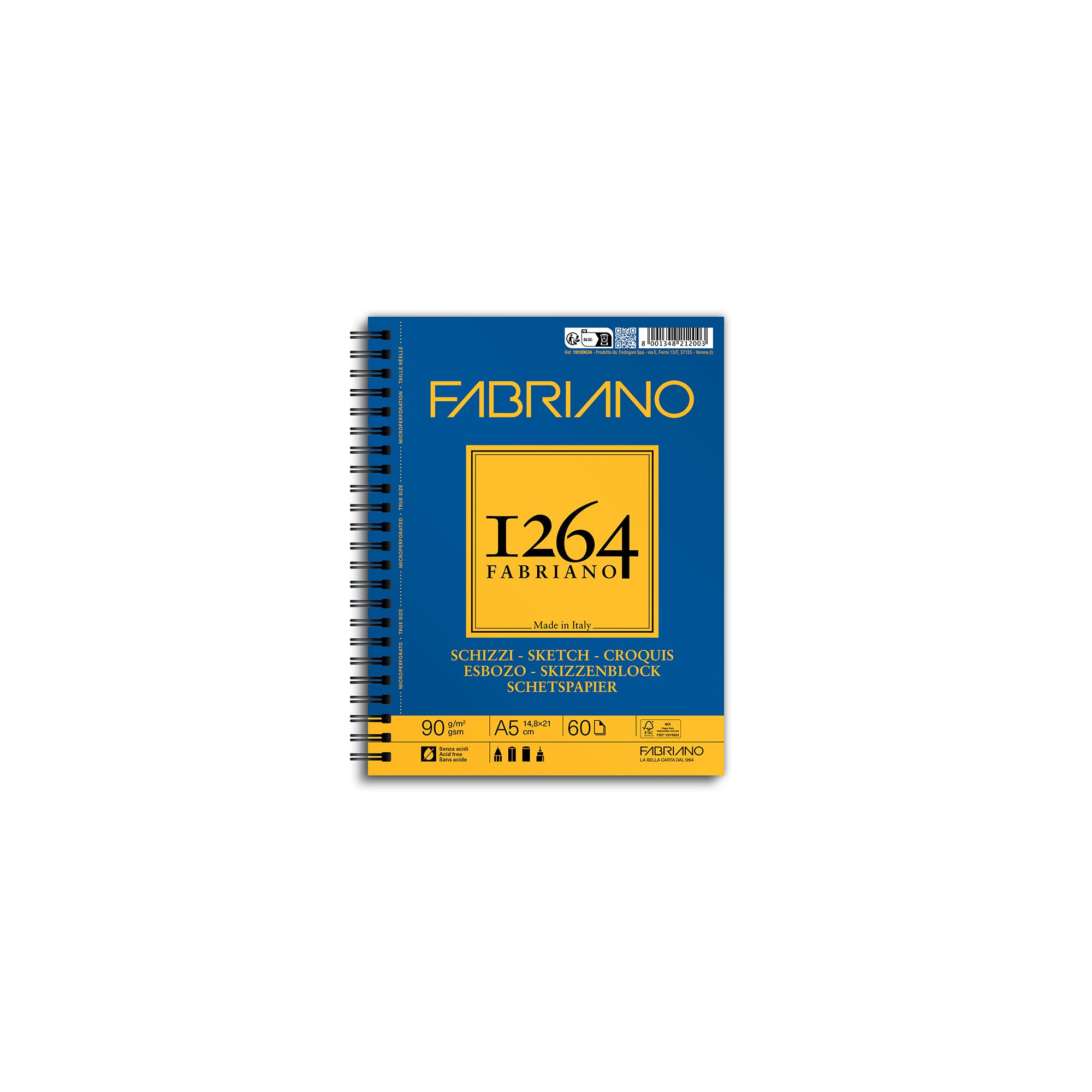 Honsell Fabriano Schizzi 19100634 Sketch Pad 1264 with Longitudinal Spiral, 90 g/m², DIN A5, 60 Sheets Ivory White, Acid Lightly Grained for All Drying Techniques