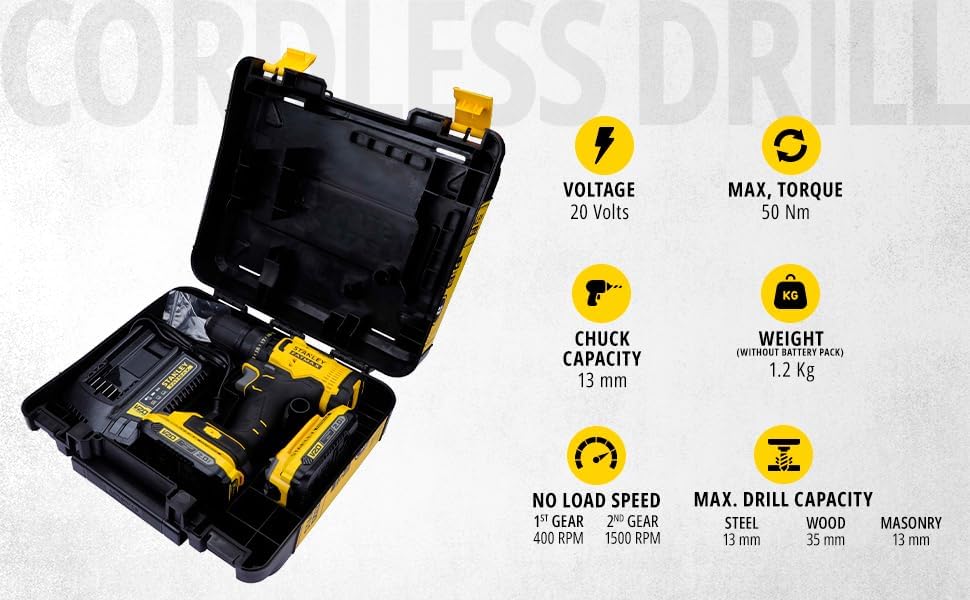 STANLEY FATMAX SCD700D2K 20V 13 mm Reversible Cordless Brushed Drill Machine Driver With 2x2.0Ah Li-ion Batteries, 1pc Charger, 2 Speed Gearbox & LED Worklight, 2 Year Warranty, YELLOW & BLACK product image 2