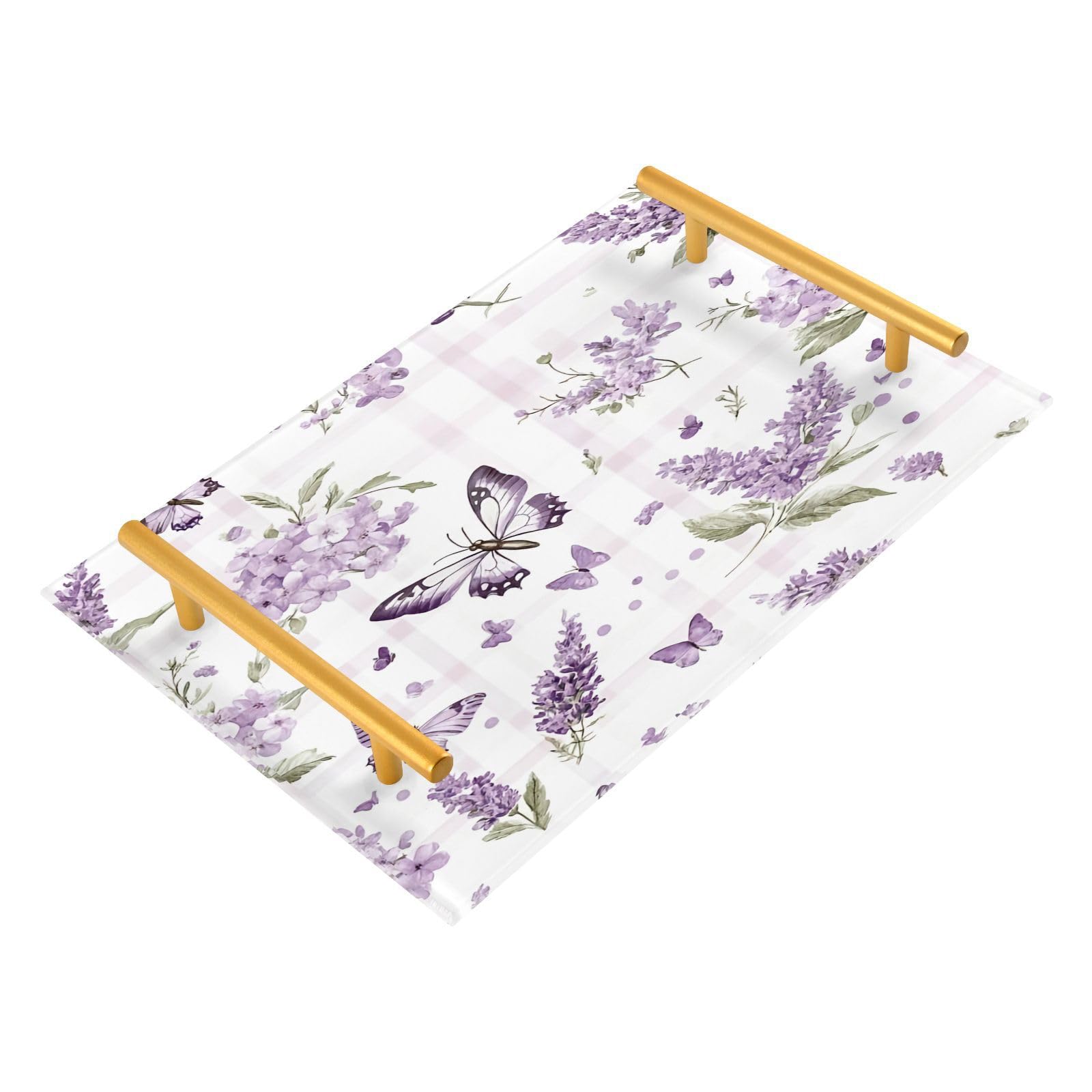 GUIJI Lavender & Butterflies Acrylic Tray, Perfume Cosmetic Jewelry Decorative Trays Bathtub Organizer, Living Room Kitchen Serving Tray with Gold Handles