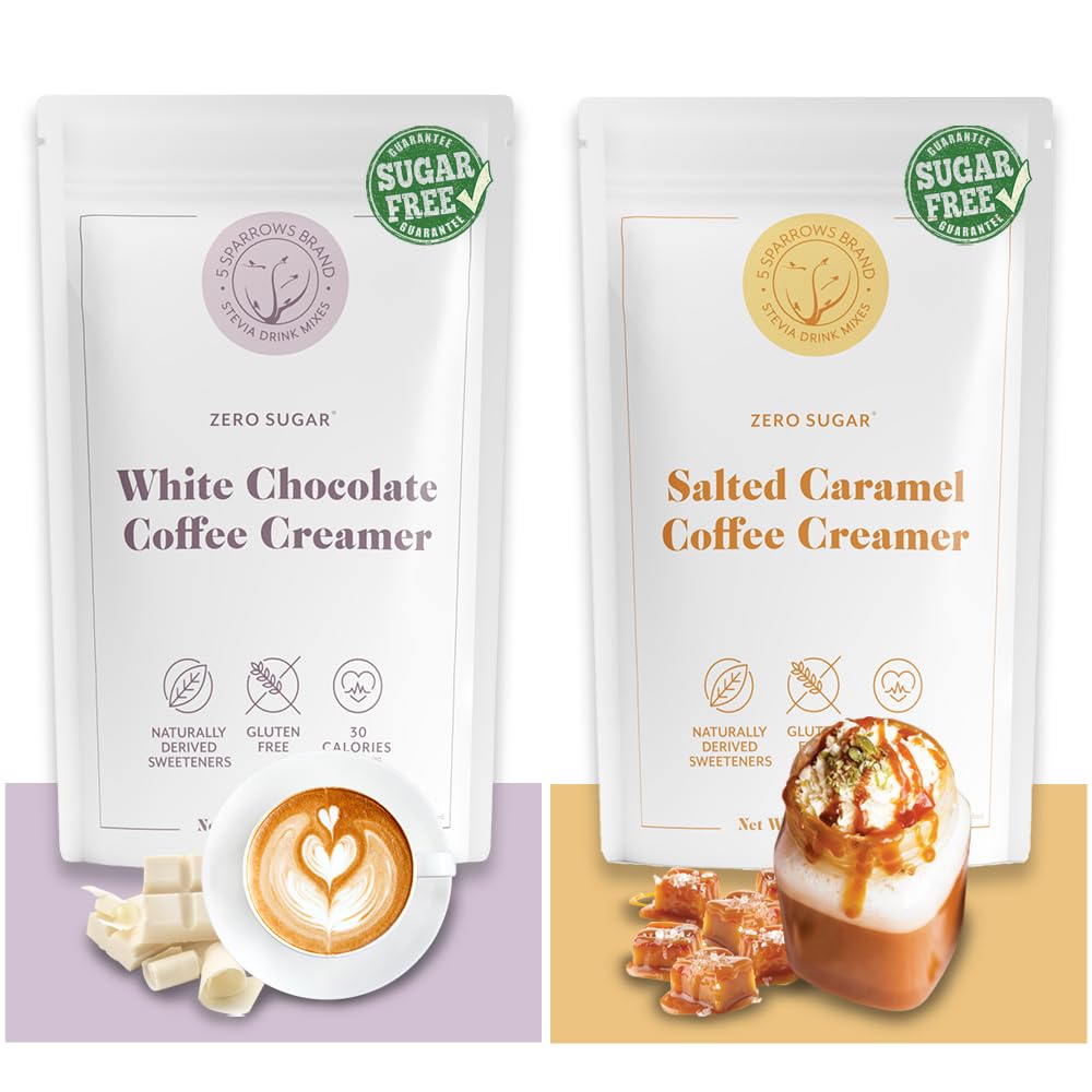 5 Sparrows Sugar-Free, Stevia-Sweetened Drink Mix/Creamer - White Chocolate & Salted Caramel Bundle (10oz)