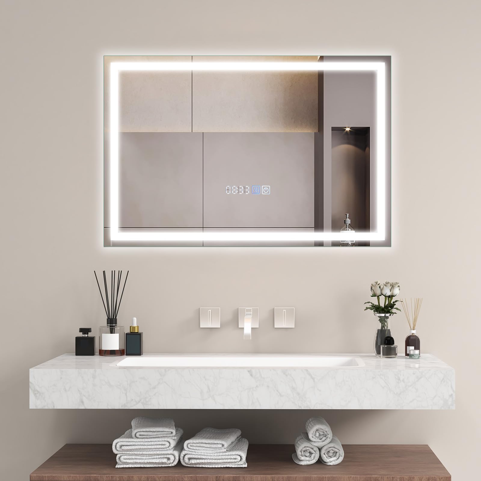 COSTWAY Lustro łazienkowe z oświetleniem, 75 x 50 cm, z funkcją ściemniania, 3000-6000 K, z zegarem, włącznikiem dotykowym i funkcją pamięci, prostokątne
