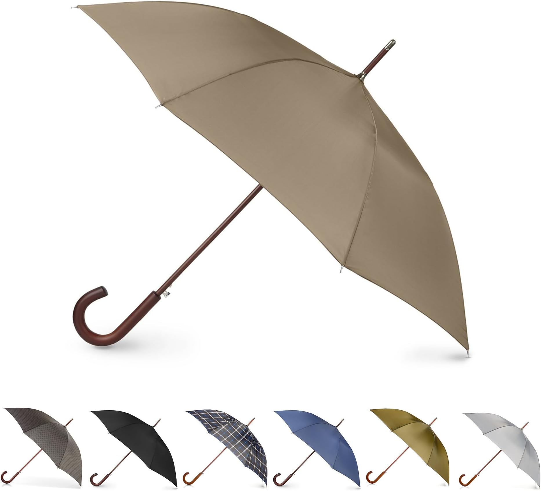 totes Auto Open Wooden Handle J Stick Umbrella