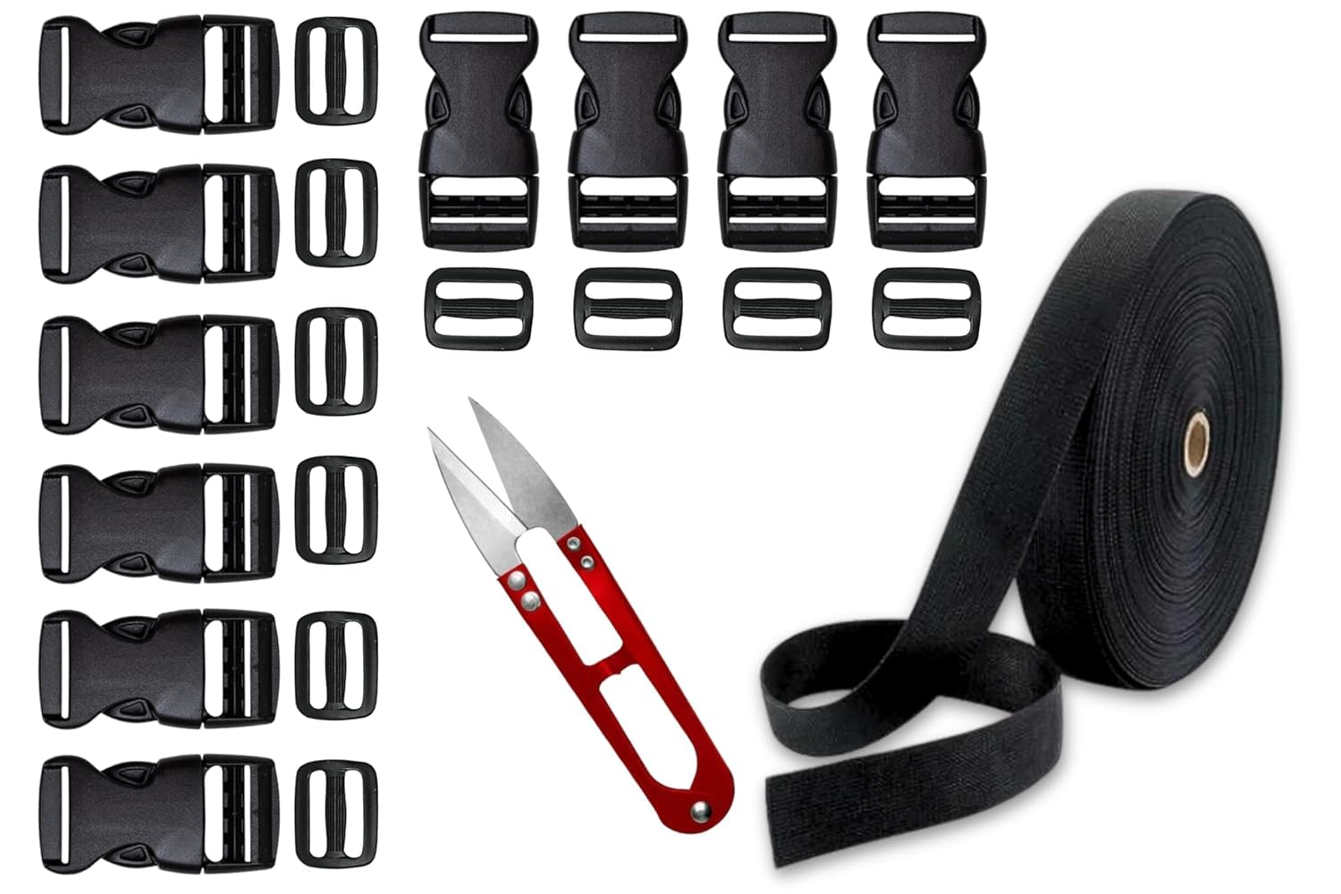 dharmatmaj Nylon Strap 25 Meter Roll with 10 Buckles 10 Adjuster and 1 Thread Cutter for Backpack Repairing Pet Collar Making Luggage Fastening Strap Hiking and More (Black_1 inch)-picture-38