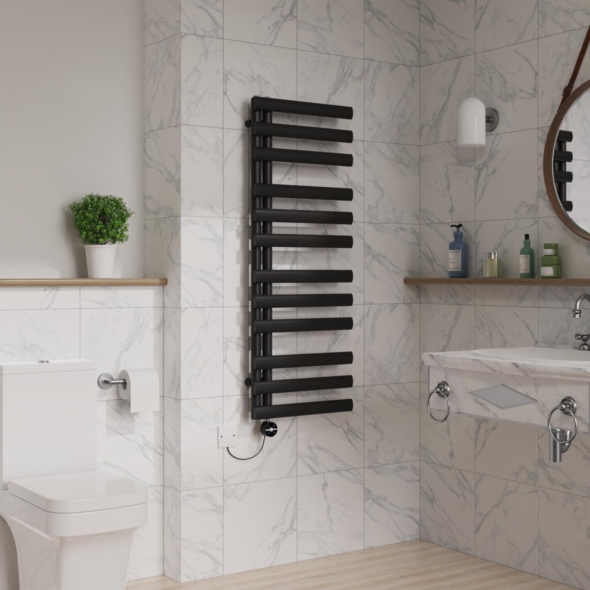 Warmehaus Designer Oval Panel Touch Screen Thermostatic Electric Bathroom Heated Towel Rail Warmer Radiator with Timer 1200x450mm - Black