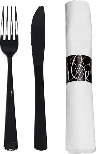 Party Essentials Party Supplies - Juego de cubiertos envueltos desechables, servilletas y cubiertos preenrollados, tenedorescuchillos negros, 50