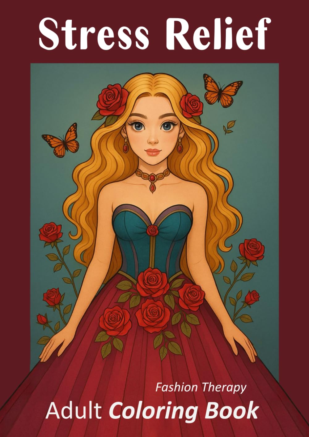 Stress Relief - Fashion Therapy: Adult Coloring Book filled with 50 illustrations of women in elegant gowns, surrounded by flowers