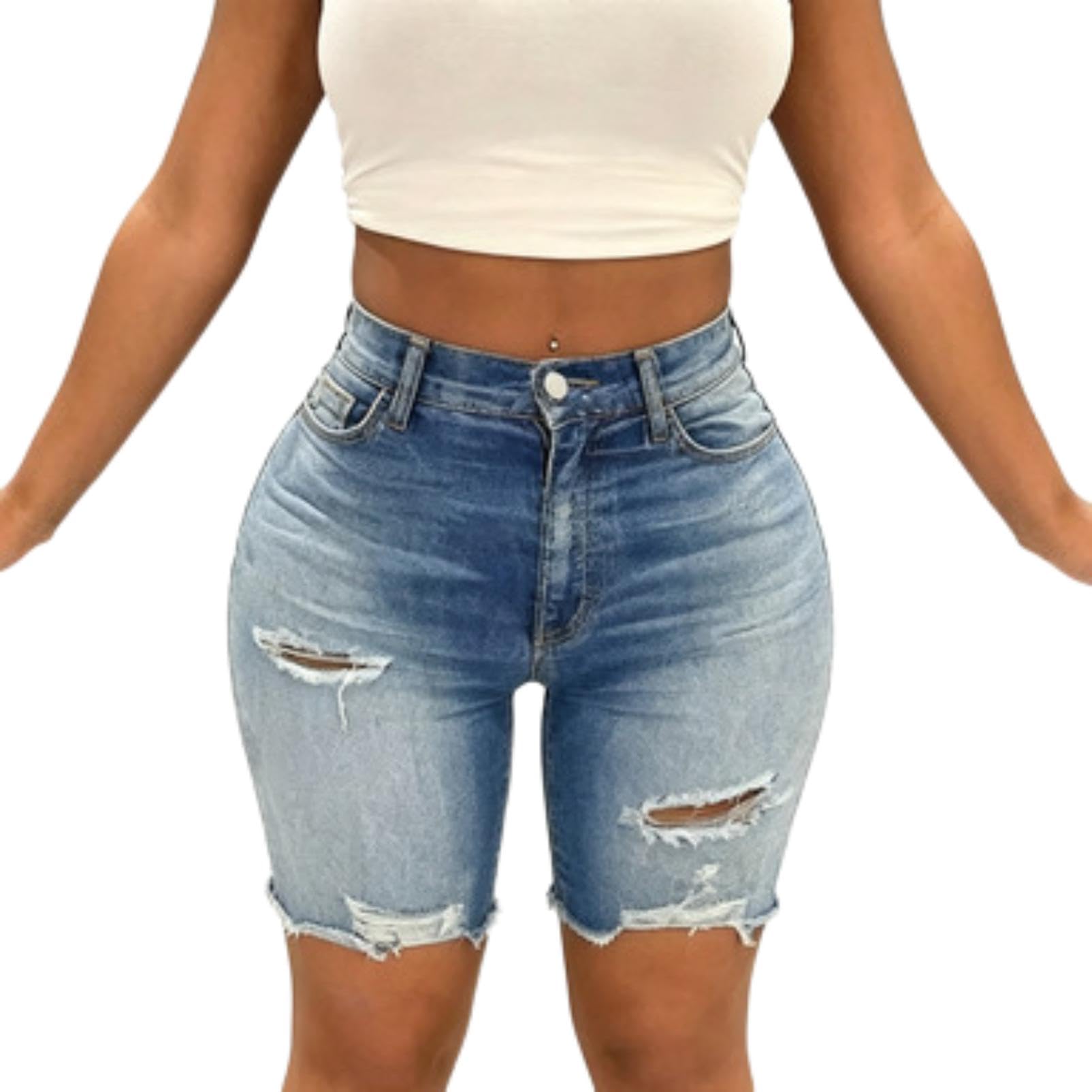 Generico Shorts Bermuda Donna Vita Alta Strappi Lavaggio Chiaro Casual Estate