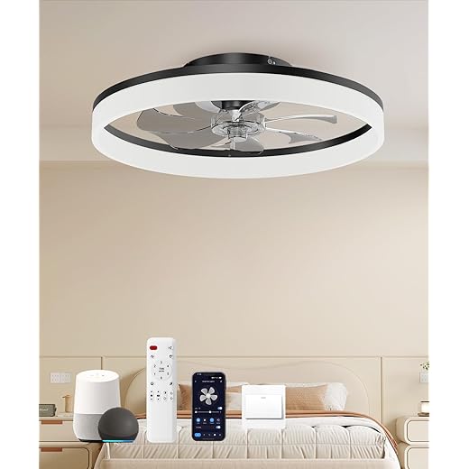 Smart Ceiling Fans with Light and Remote,20'' Low Profile Ceiling Fan with 6-Speed & Dimmable LED, Alexa/APP Home Voice Control, App, Reversible Airflow, App Timer, for Bedroom(Black)