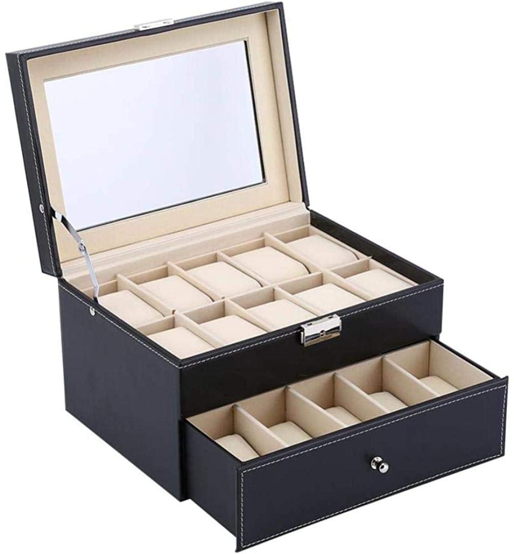 20 compartments with lid 2 Layers Watch Box Men's Watch Display Box Jewelry Cufflinks Storage Box Box Bracelet Carton Artificial Leather Black