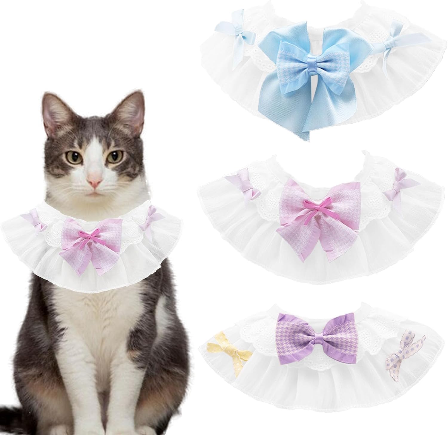 3 PCS Chiffon Cat Bibs with Bows, Sweet Lace Ruffle Dog Bib Collars, Cute Kitten Bandana Scarf, Pet Accessories for Girl Kitty Puppies Dogs (X-Small)