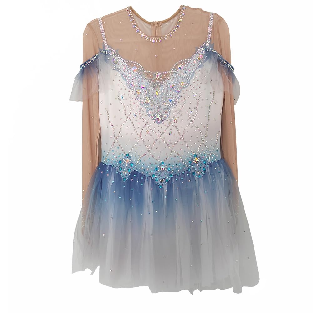 LIUHUO Vestido de patinaje artístico para niñas, color azul, malla graduada, manga larga, rendimiento de competición