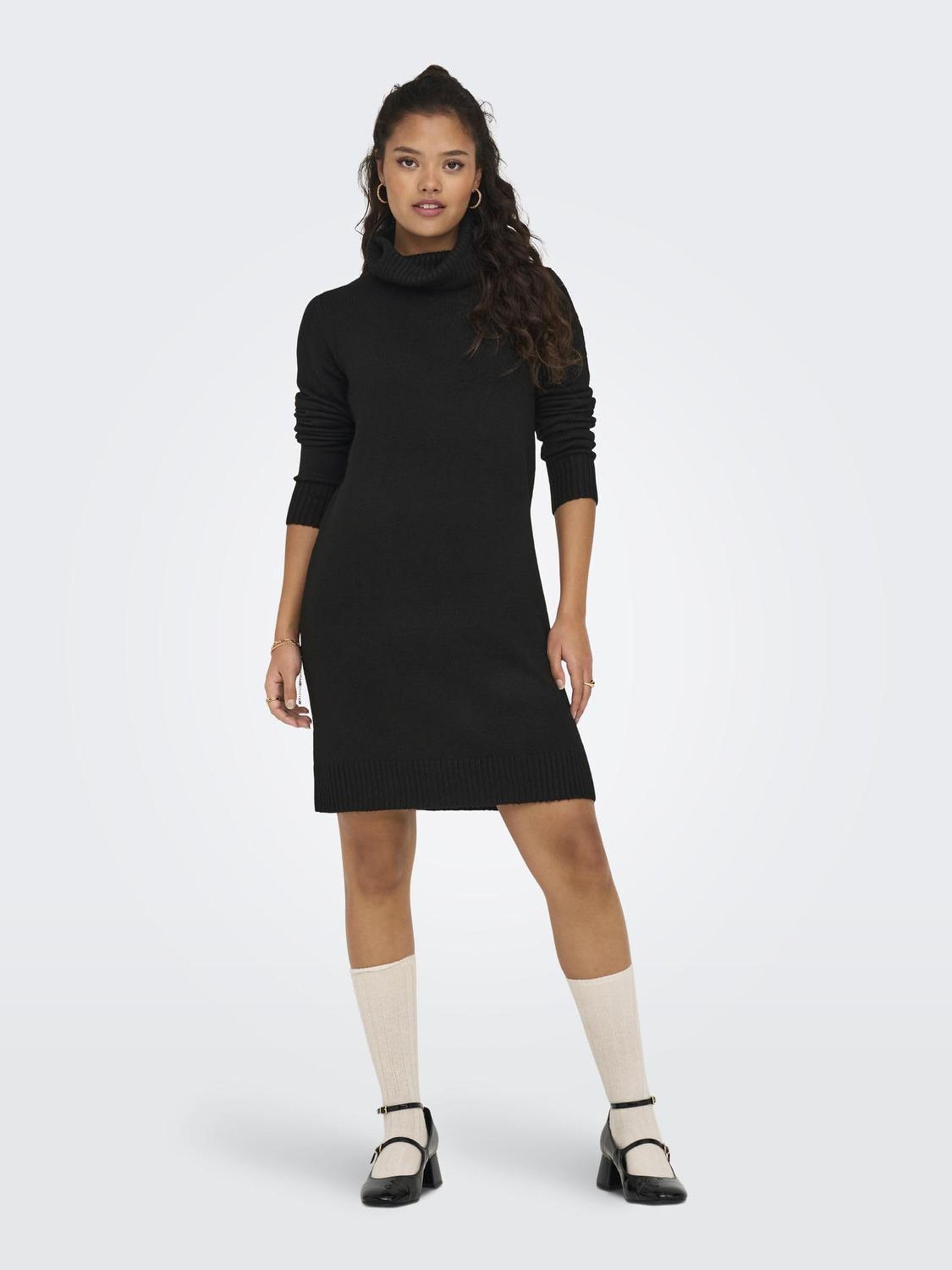 Robe en Tricot à Manches Longues Mini Robe col roulé Coupe régulière Pull Encolure Ronde mi-Longue JDYELANOR, Couleurs:Noir-2, Taille:XL