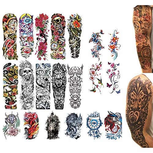 20 Temporary Tattoos | Fake Realistic Sleeve Ink | Semi Permanent Water Resistant Set | For Men and Women or Kids | Large Big Designs
