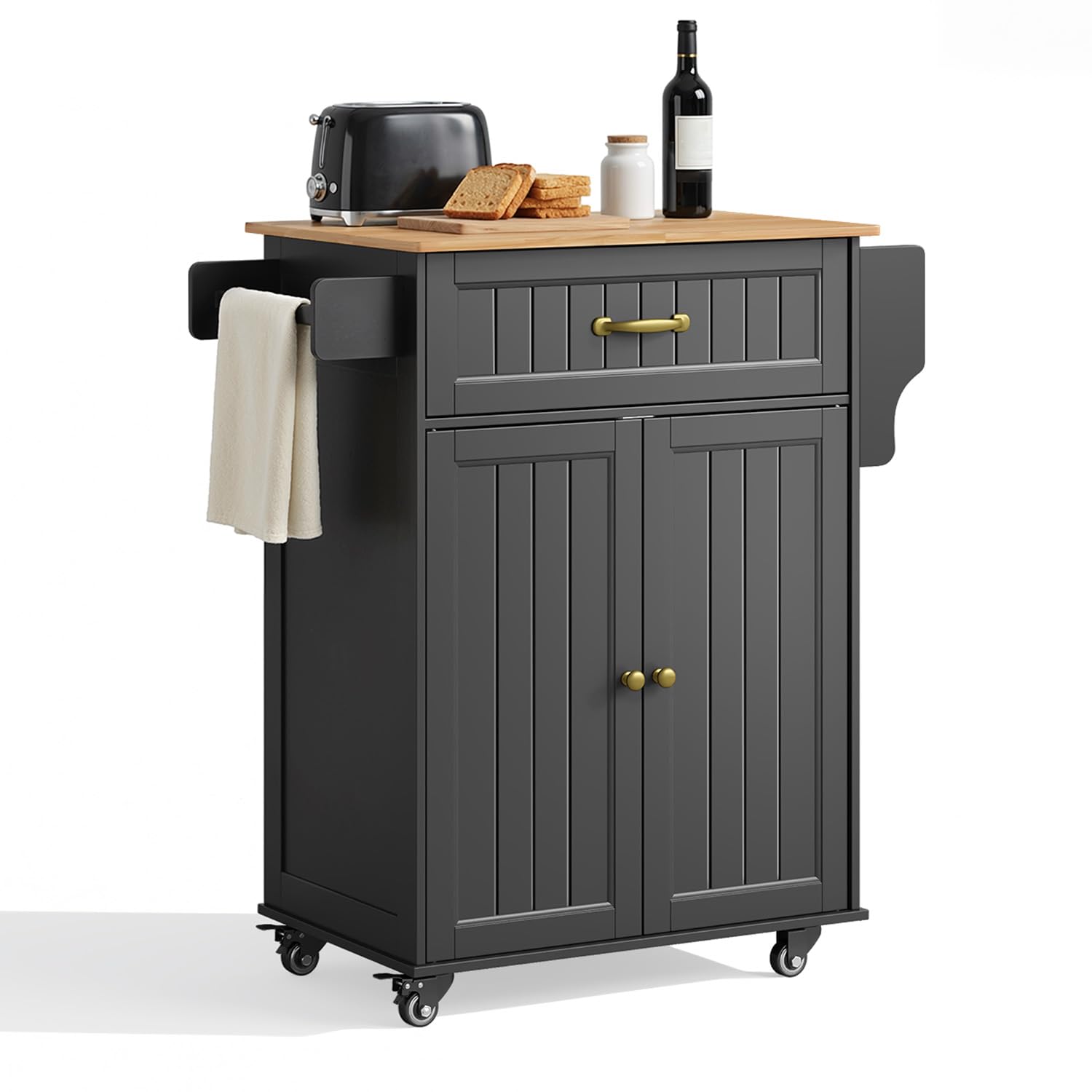 Desserte de Cuisine à roulettes, Îlot de Cuisine Mobile avec 1 Tiroir et 2 Placards, Porte-torchons, étagère réglable, pour Salle à Manger, Salon, 84 × 45 × 85 cm, Noir