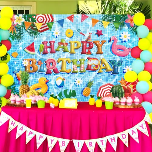Image of Pool Party Decorations, 5x3Ft Blue Happy Birthday Pool Party Backdrop Banner Summer Pool Birthday Decorations for Summer Vacation Party Supplies Photo Booth Props