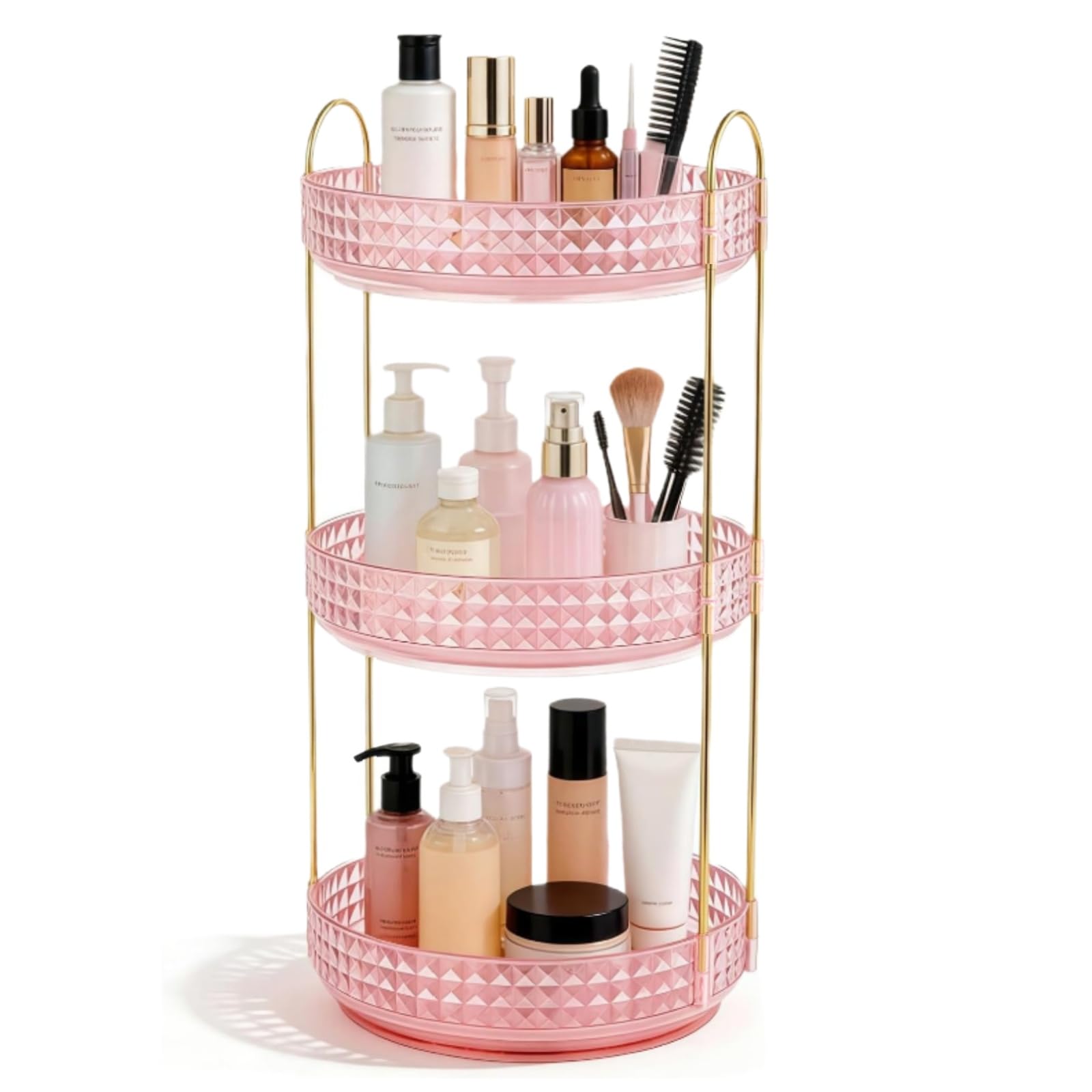 Siocok Pink Dressing Table Organiser, 360 Rotating Makeup Organiser, 3 Tierlarge High-Capacity Skincare Organizer, Perfume Organiser, For Cosmetics, Toiletries, Lotions, Perfumes, Jewelry, Lipstick (Pink)