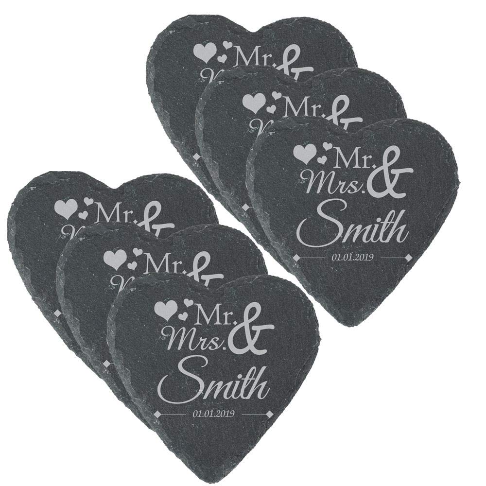 All Things Personalised Set Of 6 Personalised Engraved Heart Slate Wedding Coaster Mr&Mrs With Hearts