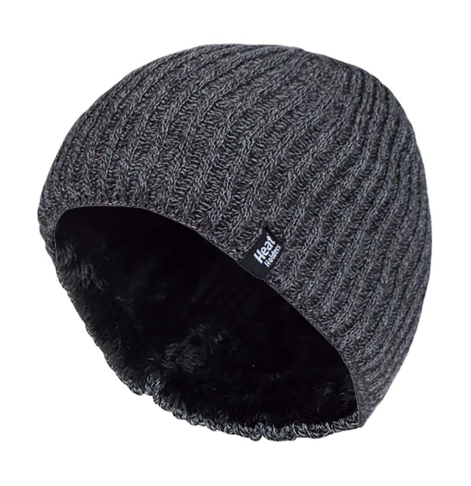 Heat Holders Men's Charcoal (Halden) - Fine Ribbed Fleece Lined Thermal Winter Knitted Beanie Hat (One Size, )
