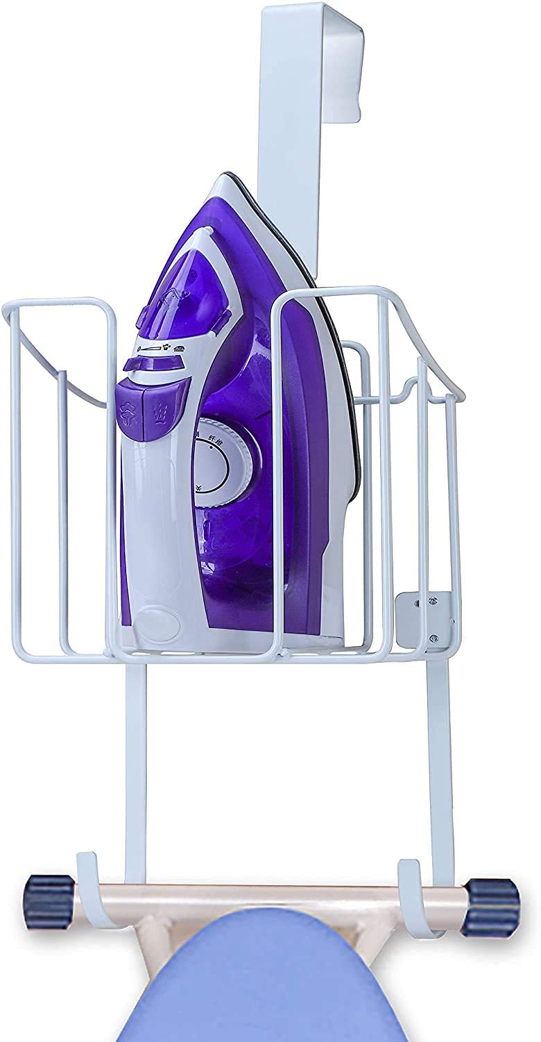 Indian Decor 38510 Metal Ironing Board Holder, Durable Iron Holder with Easy Installation, Large Storage Iron Hanger for Organizer-Ironing Basket Over Door or Wall Mount in Laundry Room - White-image-4