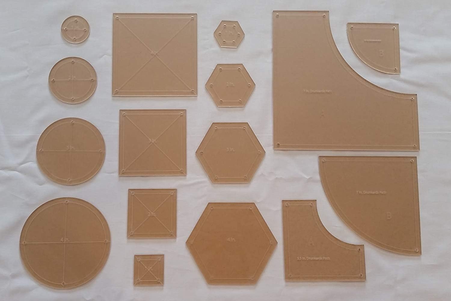 Drunkards Path, Hexagon, Circle, and Square Acrylic Quilting Templates, 4", 3", 2", 1" with 1/4" Seam Allowance - 16 Pieces