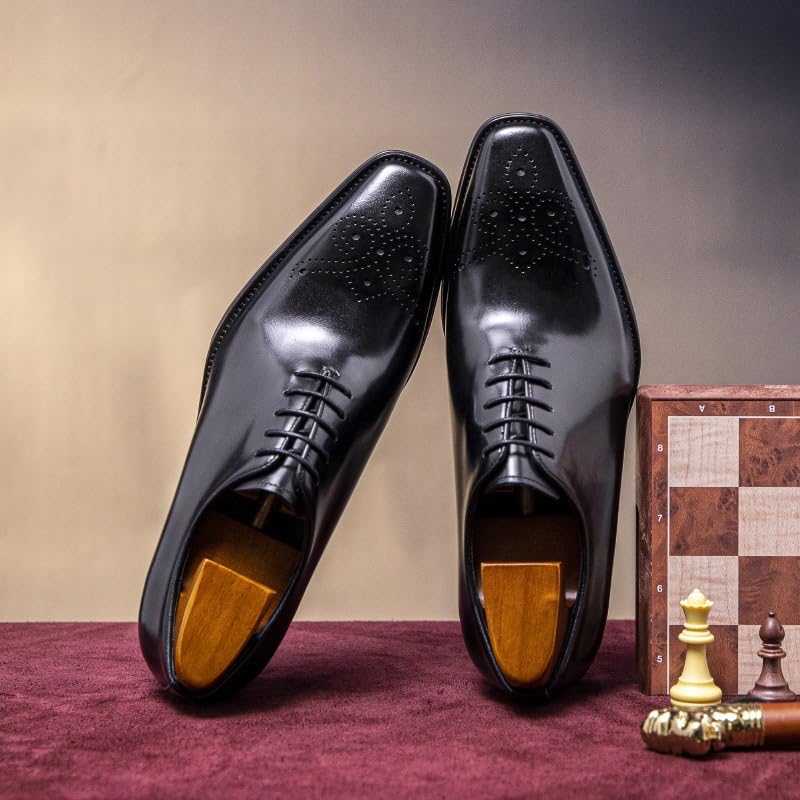 Men's Wingtip Brogue Oxford Shoes Breathable Leather Casual Business Lace-Up Square-Toe Dress Non-Slip Shoes3