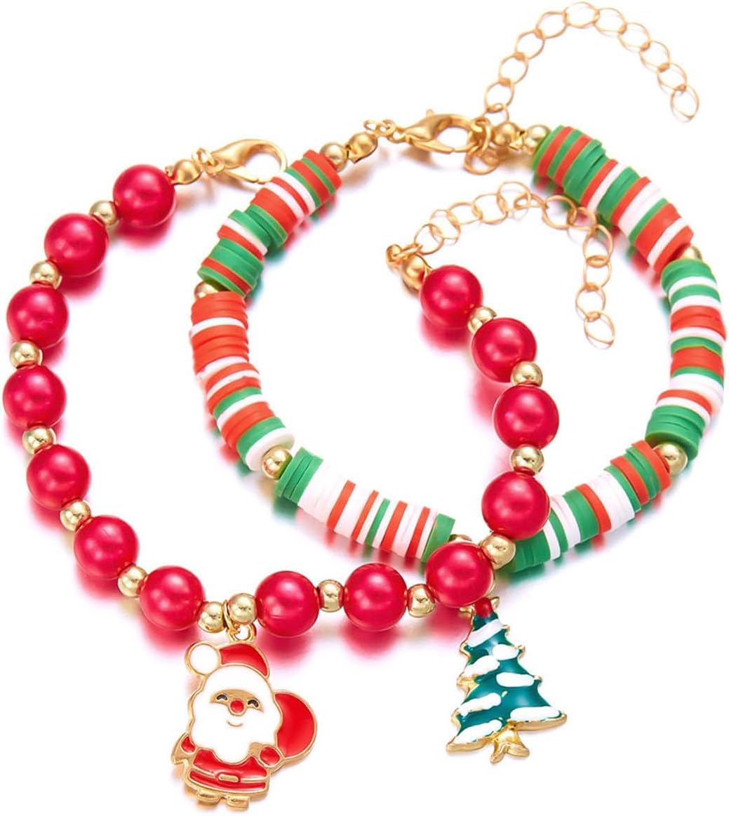 Christmas Beaded Bracelets for Women Cute Xmas Bracelets Stackable Stretch Clay Heishi Bracelet for Women Christmas New Yearl Gifts