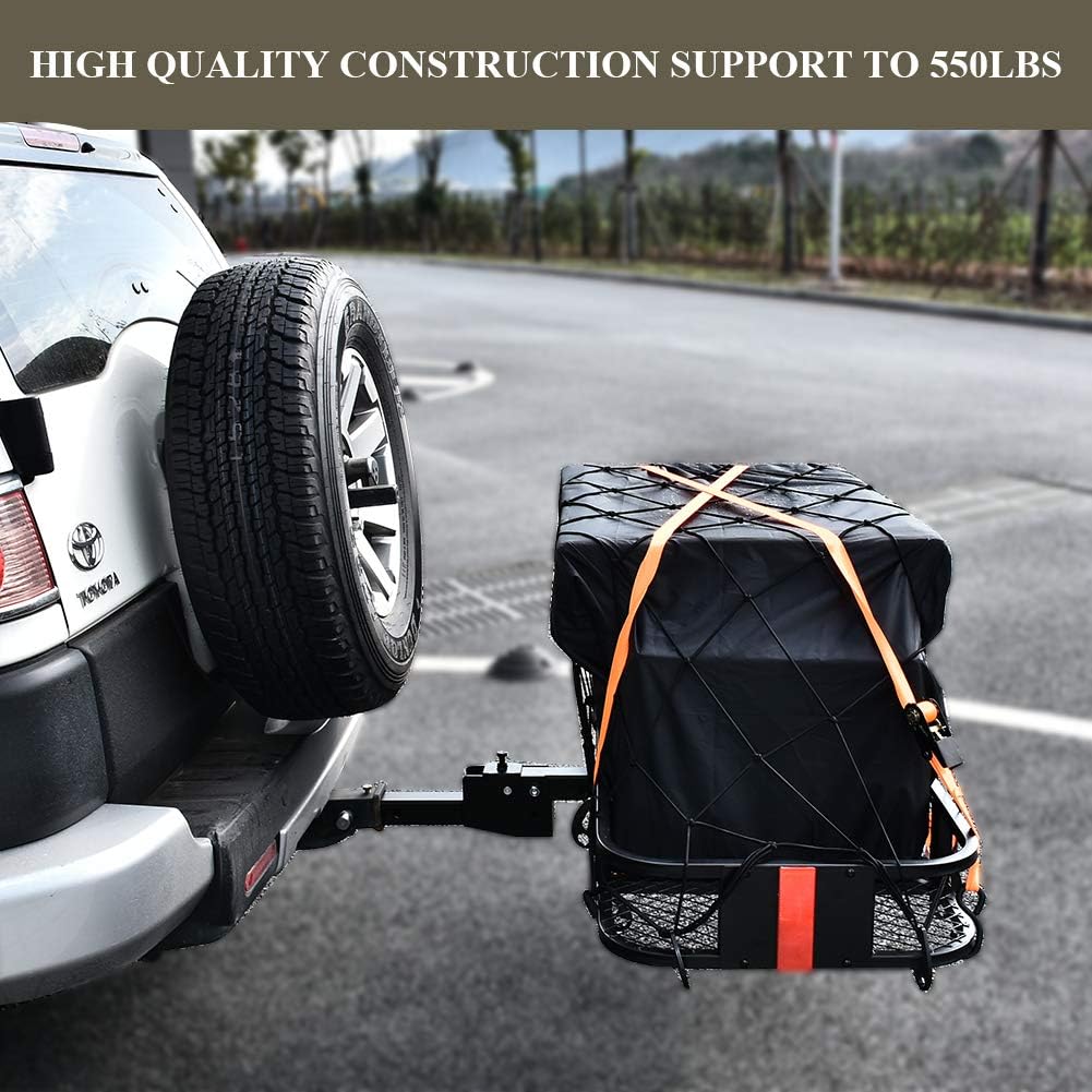 USSerenaY Hitch Cargo Carrier - Trailer Hitch Luggage Rack with Net, Waterproof Cargo Bag and 2 Reinforced Straps - Folding Car Hitch Mount Cargo Carrier L60 X W20 X H6 550lbs Capacity : Automotive