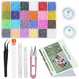 28800 Stücke Glas Perlen Set, 24 Farben Glasperle, Mini Schmuck Perlen mit 6 Stücke Perlennadeln, Schere, Pinzette, Anleitung und Andere Werkzeuge für Schmuckherstellung, Armband, Halskette DIY