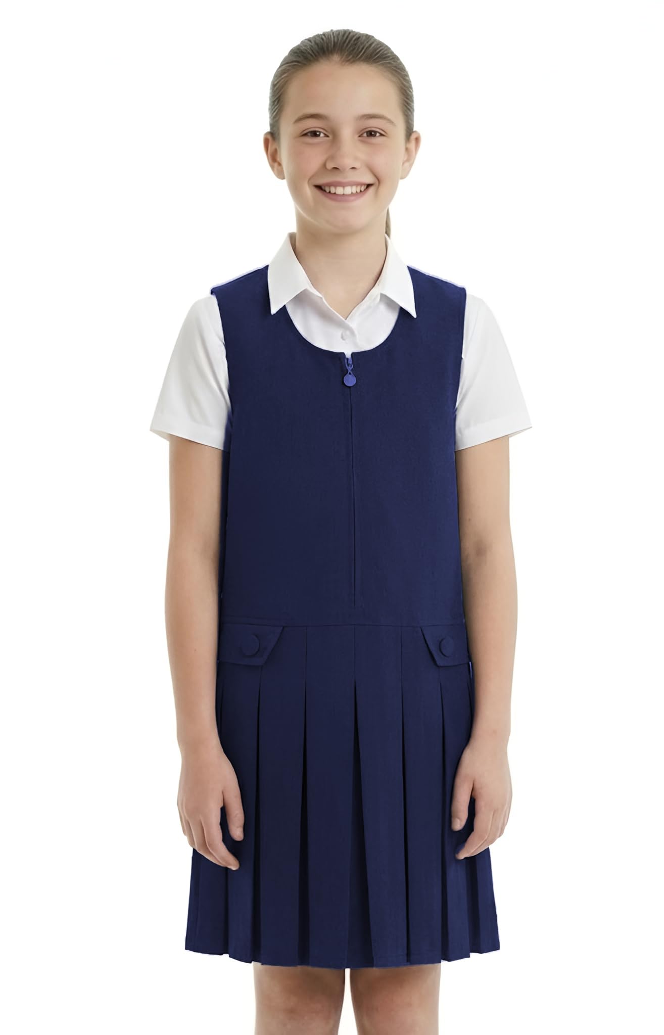Girls School Pinafore Dress Box Pleated Skirt (13-14 Years, Navy Blue)