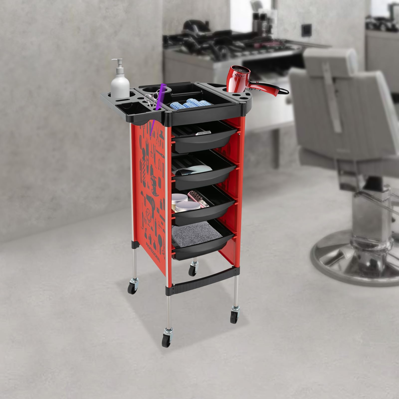 Carrello Parrucchiere Professionale 38 x 88 cm 5 Ripiani + 4 cassetti Ruote silenziose Rosso per Centri estetici e Parrucchieri