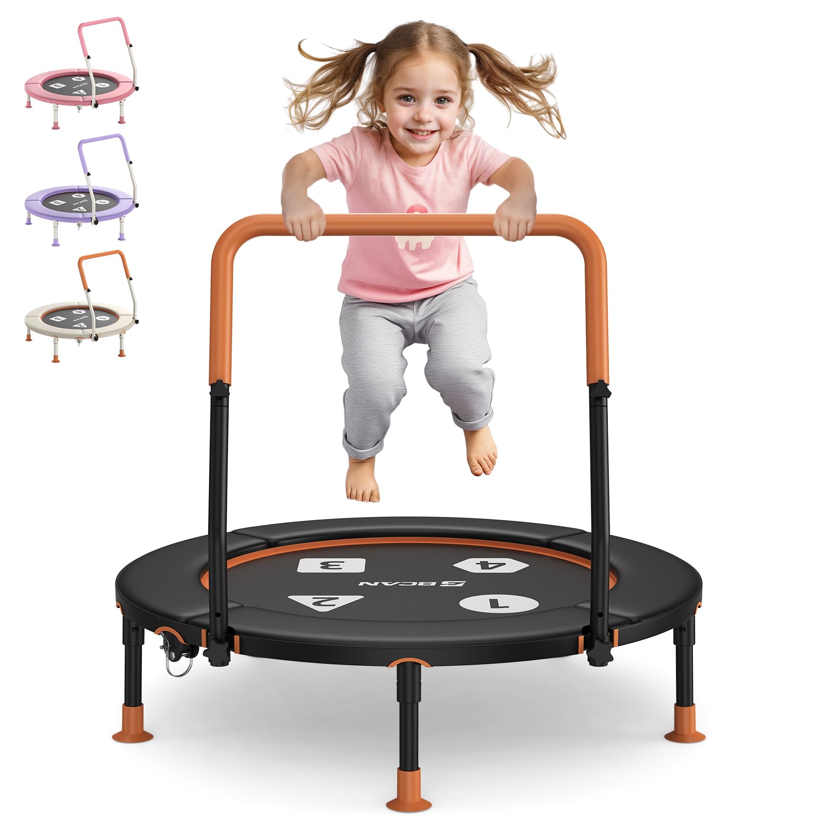 BCAN BT1 36'' Toddler Trampoline, ASTM Certified-Foldable Mini Trampolines for Kids Ages 1-6, Adjustable Handle, Safety Pad &amp; Foldable Legs, Baby Trampoline Indoor/Garden, Gift for Boy and Girl, Black