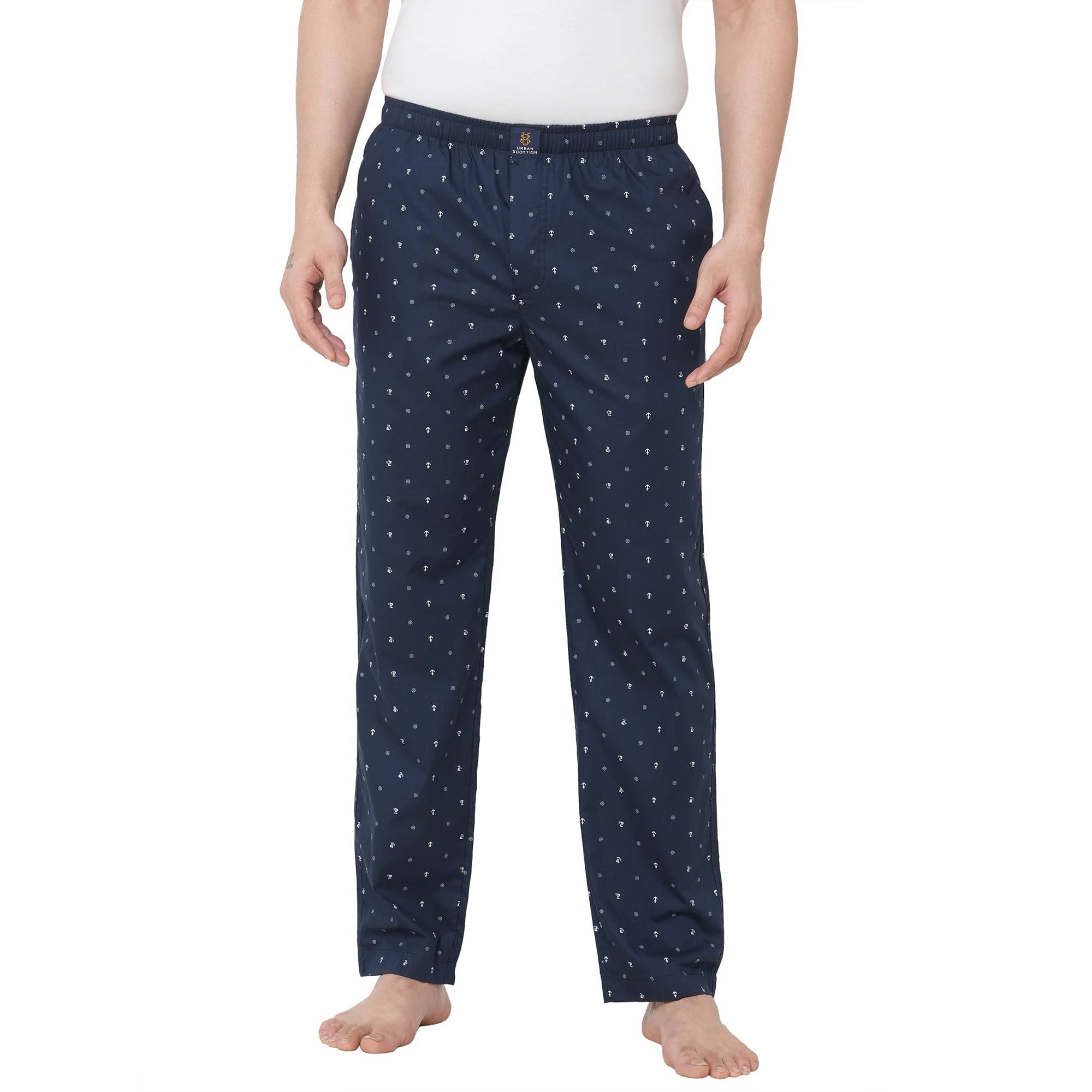Men's Navy Blue Printed Woven Cotton Full Length Soft Pyjama with Pockets