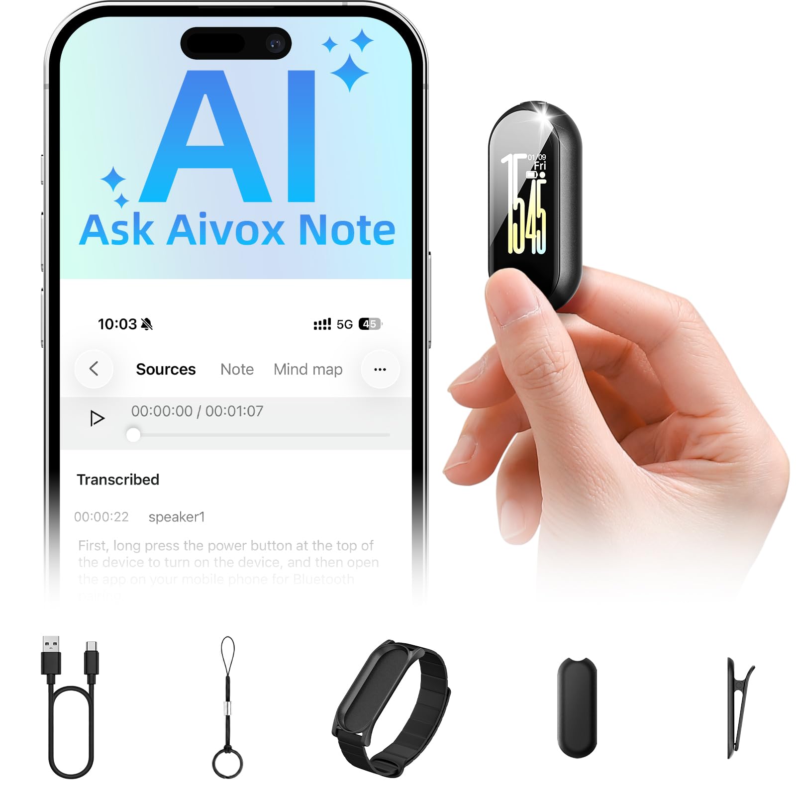 Mini dictaphone 128 Go avec bouton d'enregistrement, 4 accessoires, enregistrement en une touche, dictaphone AI, fonction notes, enregistreur audio pour conférences, réunions, classes et interviews
