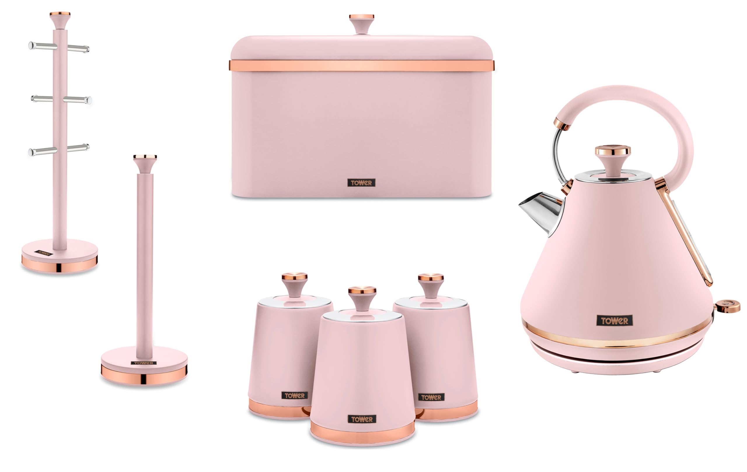 Tower Cavaletto Pink Pyramid Kettle, Bread Bin, Set of 3 Canisters, Mug Tree & Towel Pole. Matching Set of 7 Kitchen Items in Pink & Rose Gold