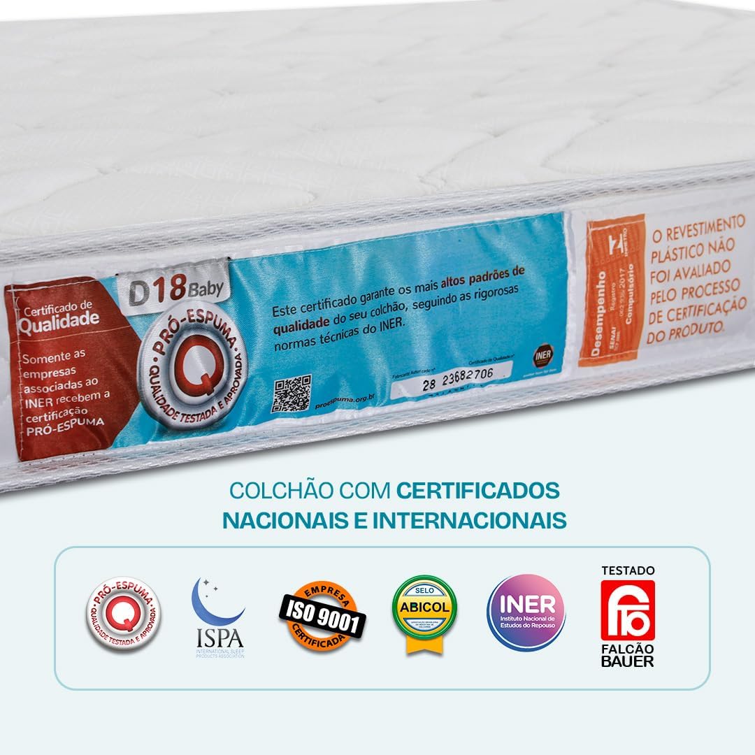 Colchão para Berço Desmontável Chiqueirinho Espuma Certificada D18 Antialérgico 100x70x10cm Bf Colchões