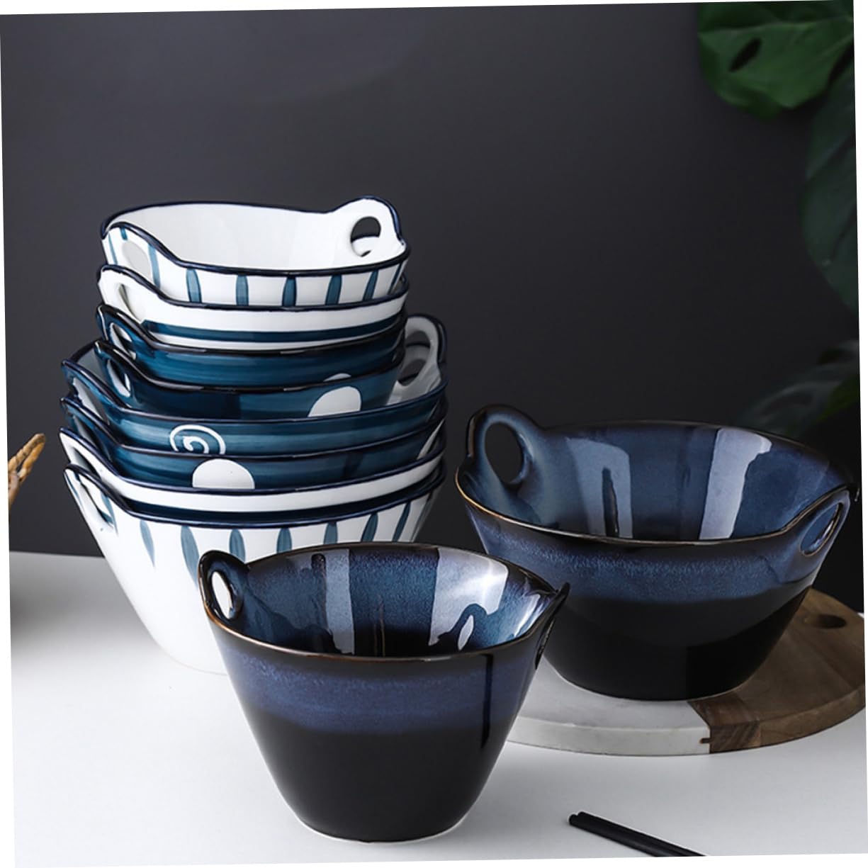 LIFKOME Handgefertigte Ramen Suppenschüssel aus Keramik mit Kreativem Doppelohren Design Stilvolle Schale im Japanischen Stil für Nudelgerichte im Alltag