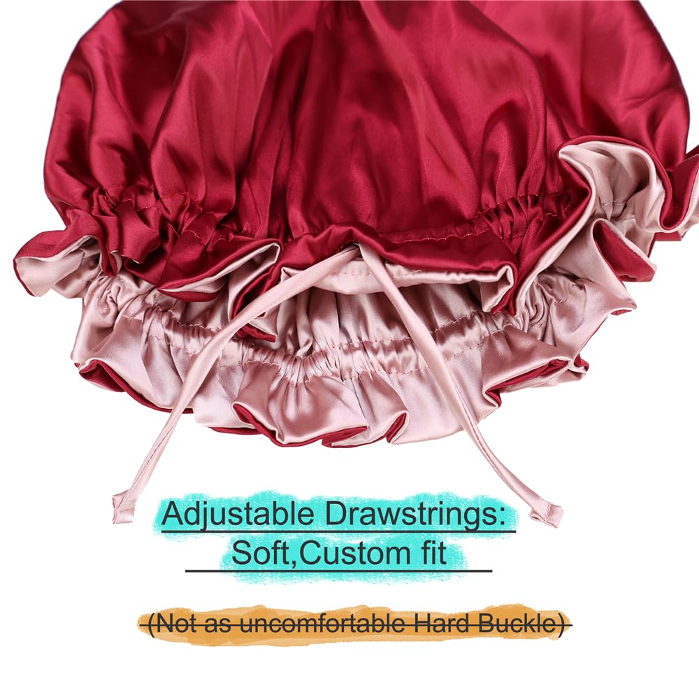 Adjustable Silk Satin Bonnet Hair Care Caps for Women Girls Loose-fitting Reversible Sleeping Cap Shower Caps Hair Wrap Bonnets (001 Wine/Blush) - Image 3