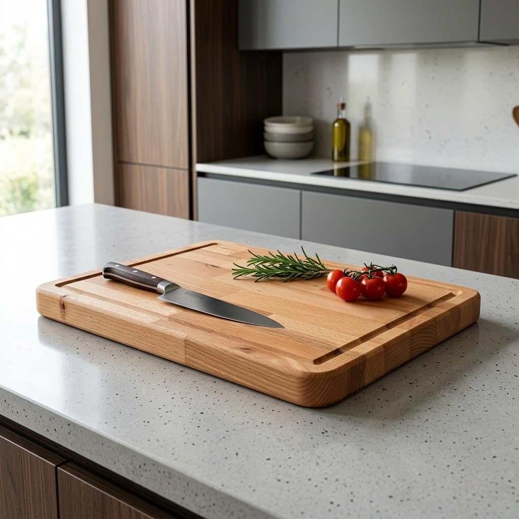 Planche à découper de qualité supérieure, en bois massif de hêtre huilé, avec rainure de jus, pour couper et servir, qualité artisanale autrichienne, pour la cuisine et le service, utilisable