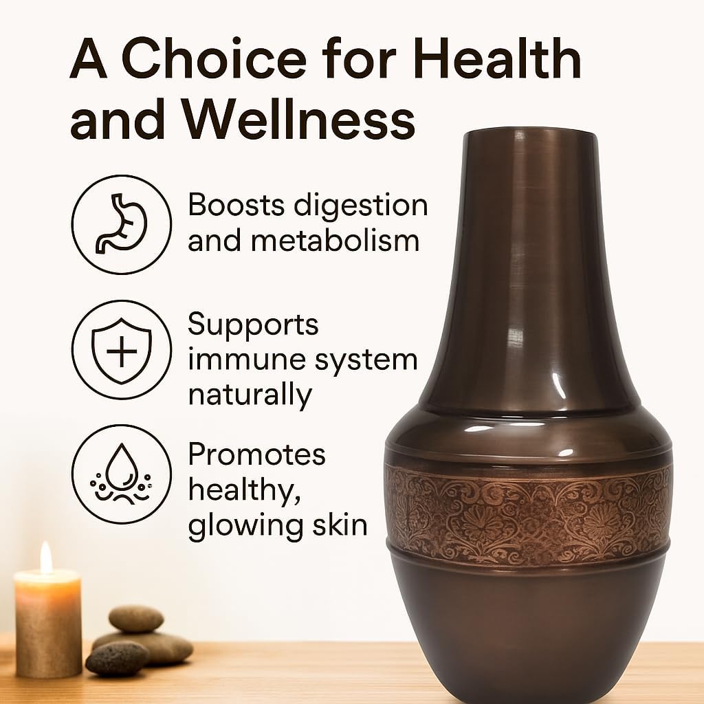 Pure Copper Bedroom Carafe Water Bottle With Inbuilt Glass, Surahi Design - Embossed Carafe for Bedside - Storage & Drink ware, Volume 1.4 Lt - 47.3 US Fluid Ounce Capacity