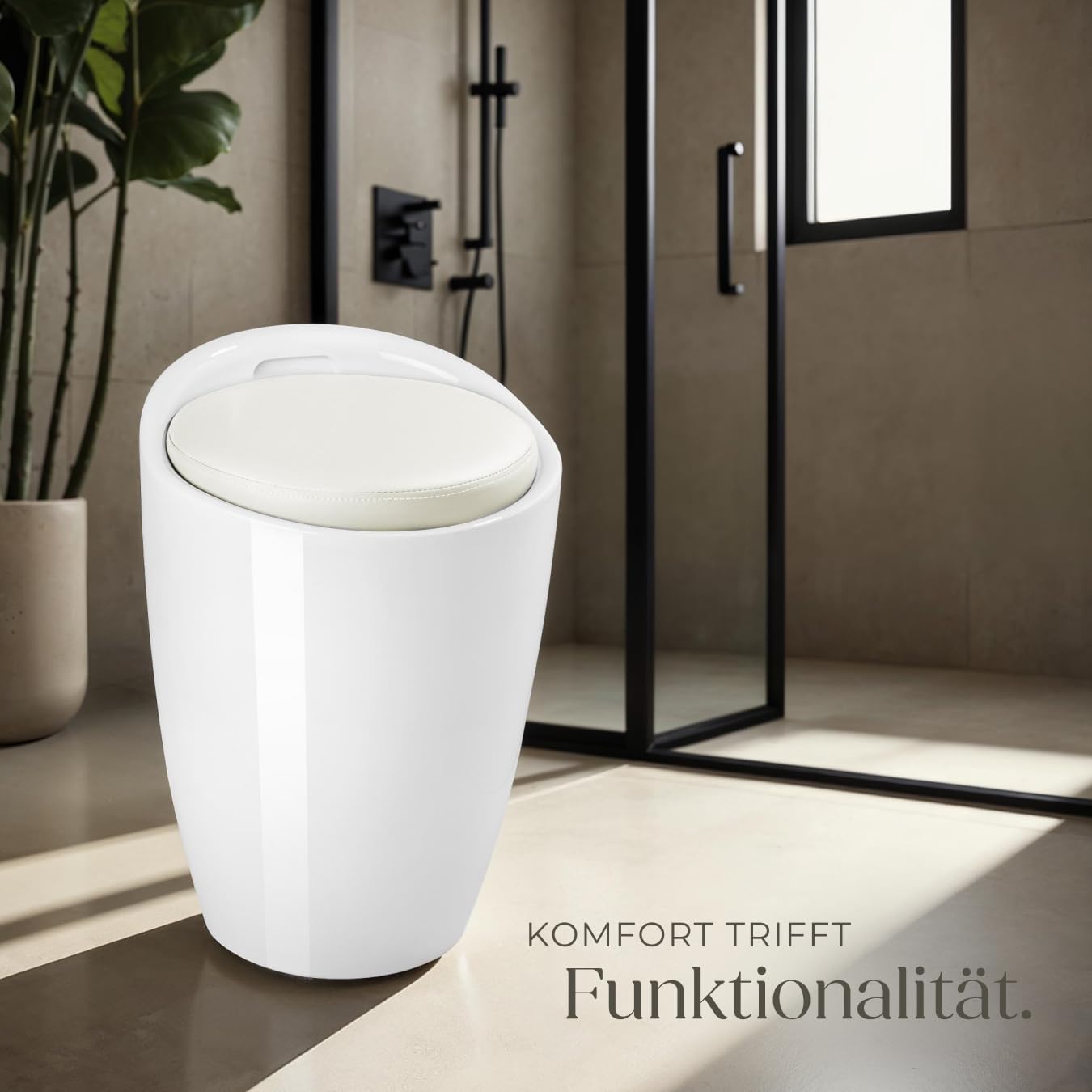 tectake® Sitzhocker, Badhocker, Hocker mit Stauraum und Sitzkissen, als Badezimmer Deko und Wäschekorb mit Deckel, Möbel für Dusche, Badezimmer, Hocker Schminktisch, Wäschekorb schmal, rund - weiß